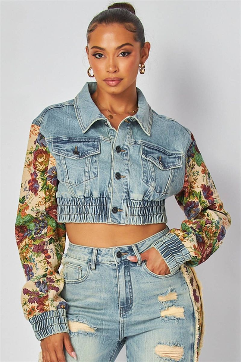 Moda feminina roupas estampadas cor combinando jaqueta jeans jeans terno de duas peças_voghion.com