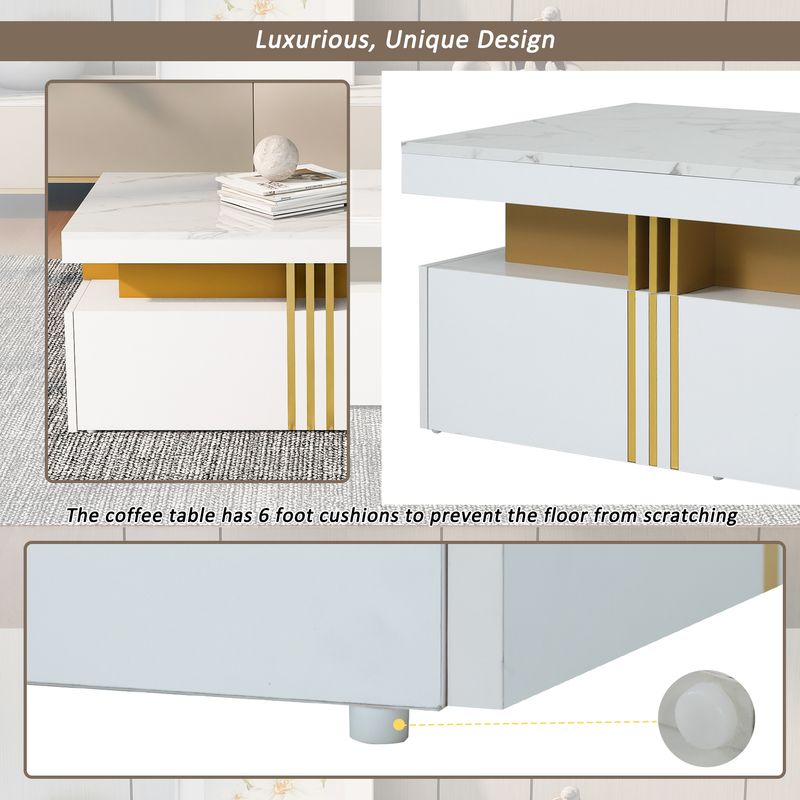 Table basse rectangulaire moderne avec plateau brillant, 2 tiroirs en bois, surface à motif marbre, pour salon, 100 x 50 x 40 cm_voghion.com
