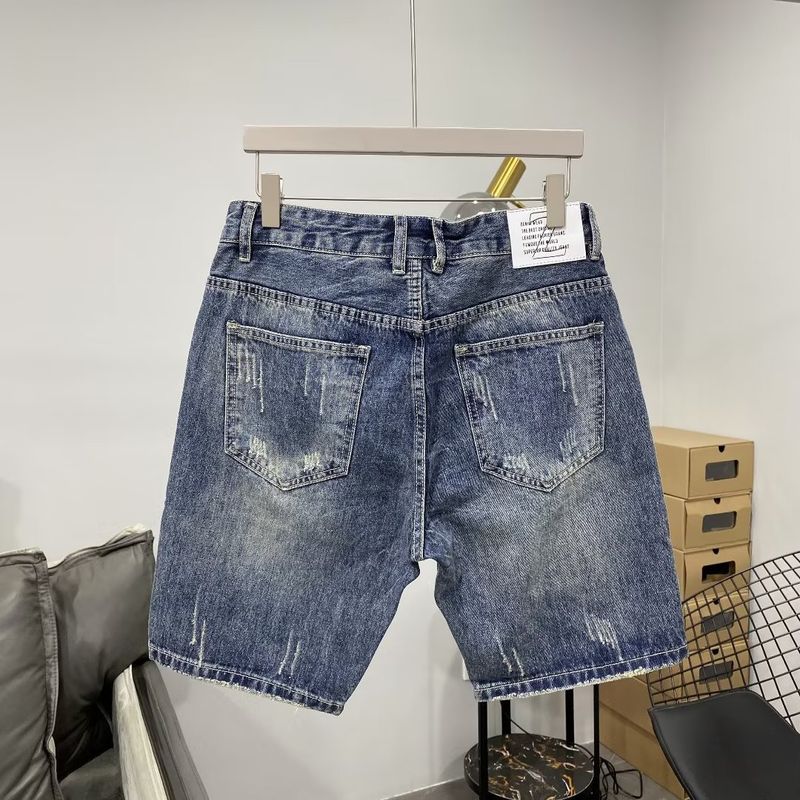 Vintage Light Blue Labeled Men's Denim Shorts - Slim Fit Stretch Summer Casual Shorts With Distressed Wash_voghion.com