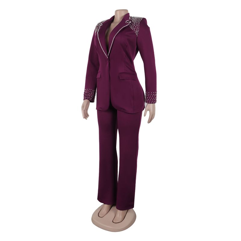 Traje de dos piezas ajustado de manga larga con perlas para mujer_voghion.com