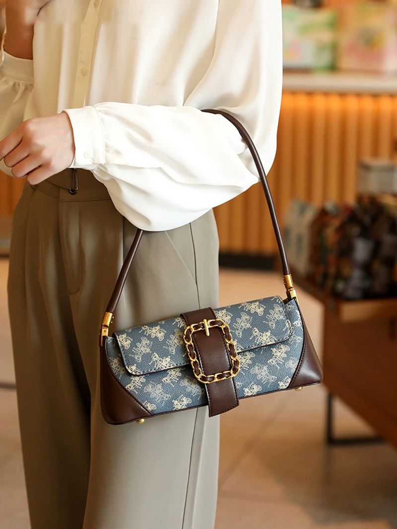 Damentaschen Temperament Modetrend All Match Doppelte Farbnähte Hochwertiges Pferdekutschenmuster Damen Unterarmtasche Handtasche_voghion.com