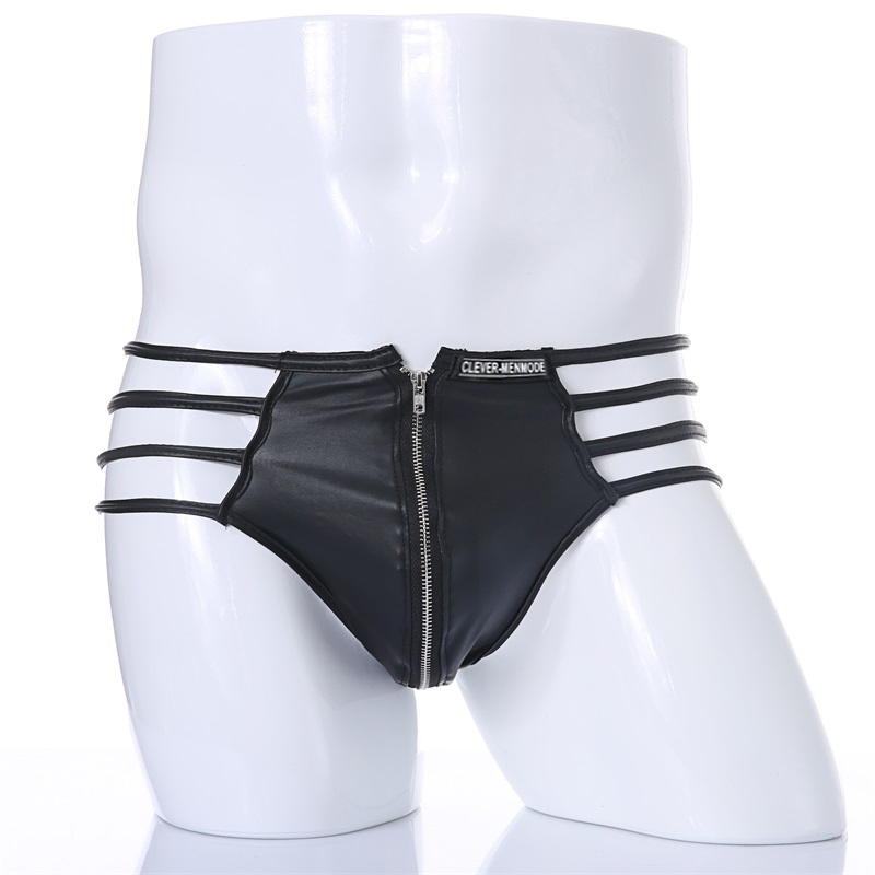 CLEVER-MENMODE Ropa interior sexi para hombre, Tanga de piel sintética de PU, vendaje BDSM, calzoncillos con cremallera, suspensorio, lencería erótica_voghion.com