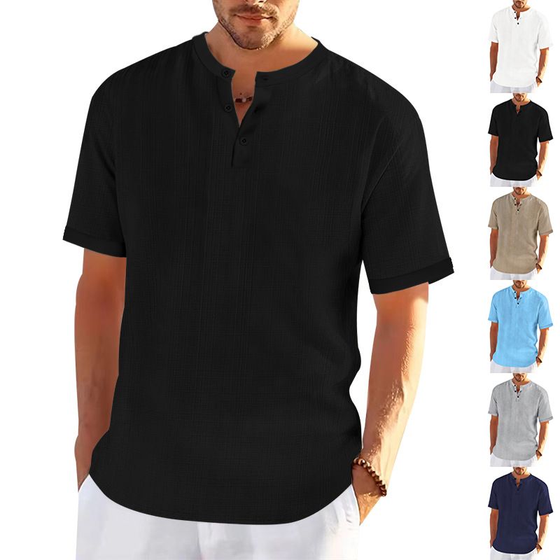 Maglietta corta estiva da uomo, ampia e retrò, modello Henley in bambù_voghion.com