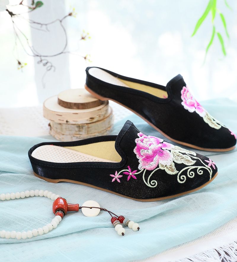 Damenschuhe Hausschuhe Spitzschuh Modische Casual Bestickte Hausschuhe Einstufige Casual Damen Stoff Hausschuhe Sandalen Sommer_voghion.com