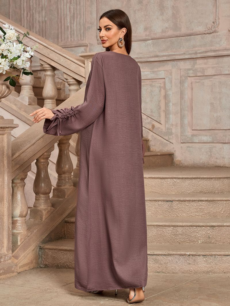 Abito lungo elegante alla moda da donna, in tessuto di poliestere, con cintura, lunghezza midi, maniche lunghe e regolari._voghion.com