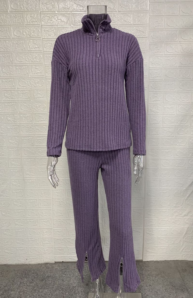 New Women's Solid Color Zipper Knitted Suit High Collar Ribbed Two-piece Suit_voghion.com