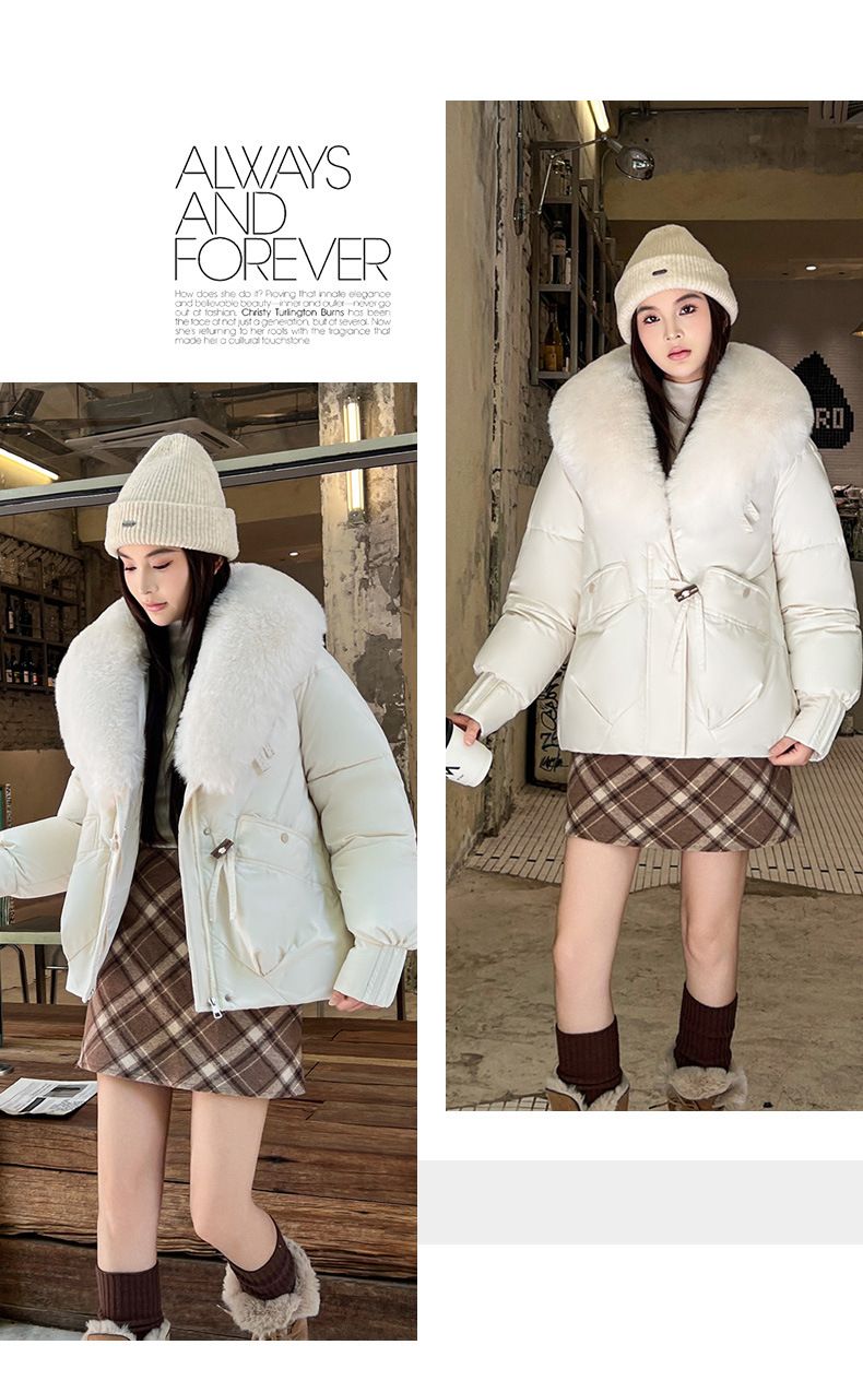 Women's Short Puffer Jacket With Faux Fur Collar, Oversized Winter Coat, Warm Quilted Down Alternative Jacket For Petite To Plus Size_voghion.com