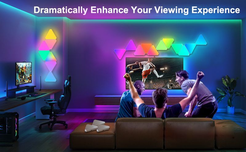Lavagna luminosa intelligente, musica ritmica, luce quantistica, luce triangolare, luce per atmosfera da gioco, luce da parete, luce notturna_voghion.com