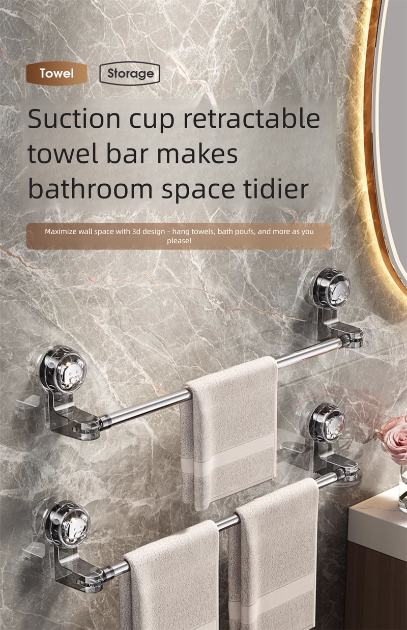 Suction Cup Bathroom No-Drill Telescopic Bar Storage Rack Washroom Bath Towel Organizer Hanger_voghion.com