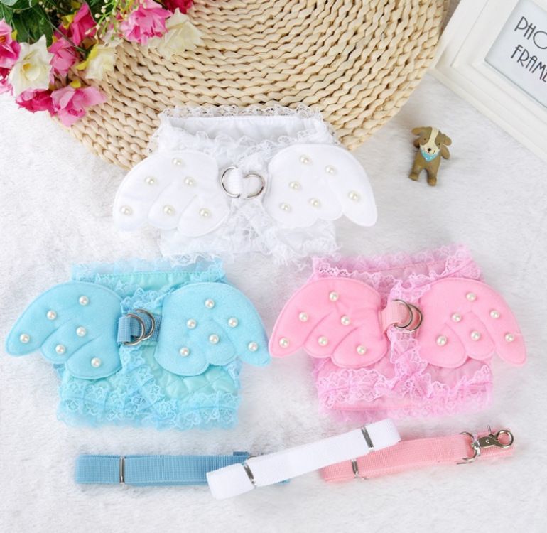 Hundeleine mit Spitzenrand und Engelsflügeln, Perlen-Brustgeschirr im Stil_voghion.com