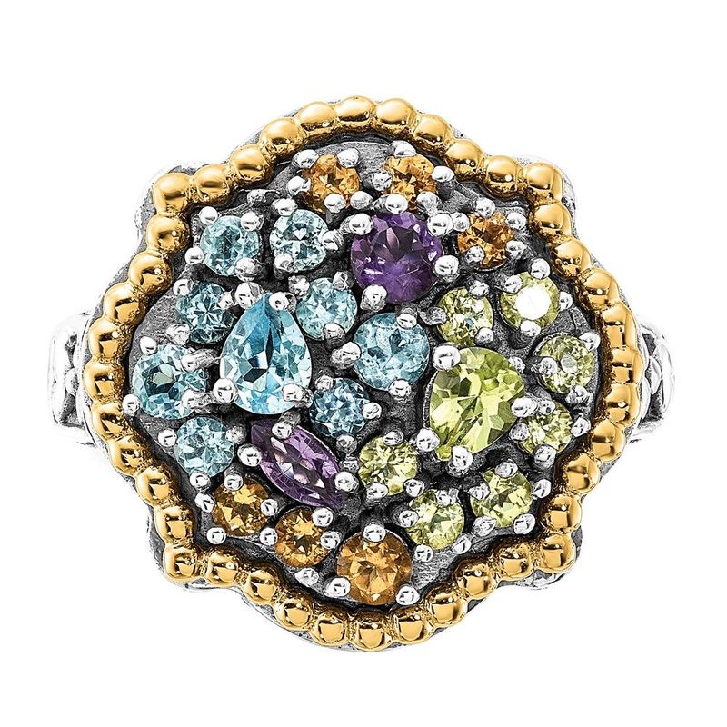 Sterling Silver W/14k Accent Polished & Antiqued 1.43tw Multi Gemstone Ring_voghion.com