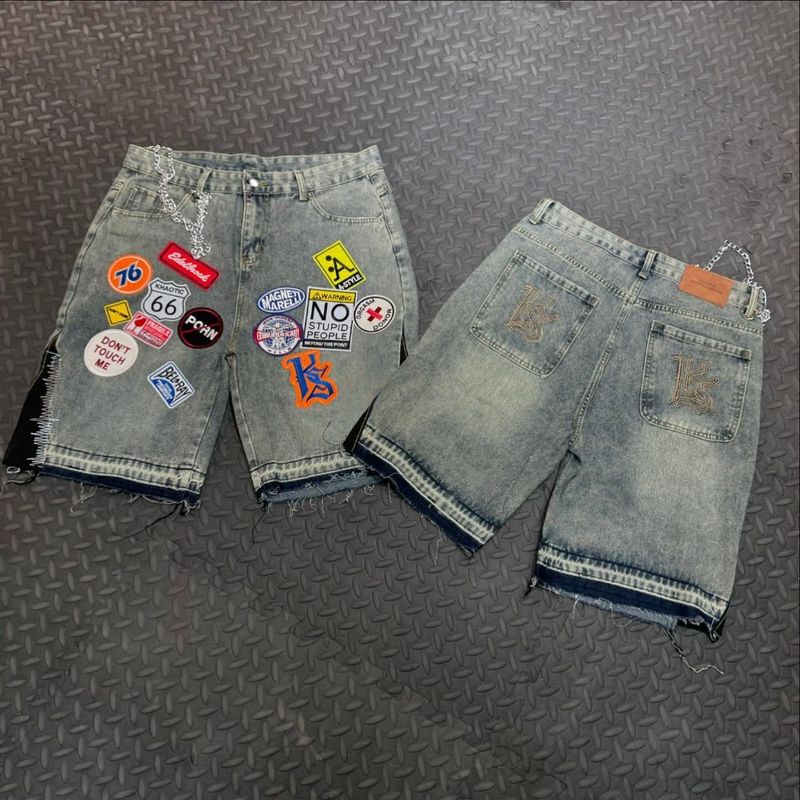 Streetwear Fiess Baggy Denim Männer Frauen Haruku Hip Hop Cartoon Grafik Patch Jean Shorts Gothic Retro Blau Kurze Hosen_voghion.com