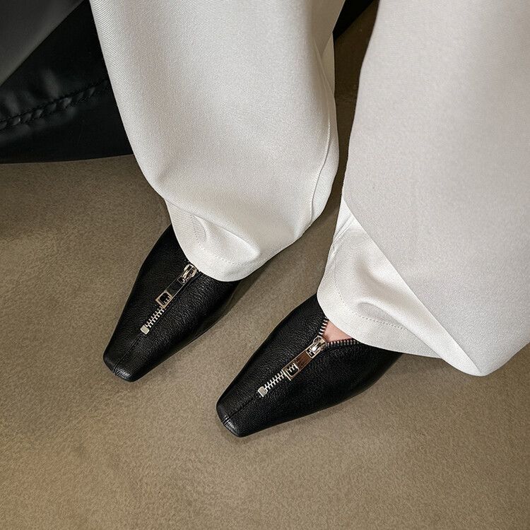 European And American Style Niche Design Front Zipper French Square Toe Shallow Mouth Chunky Heel Elegant Versatile_voghion.com