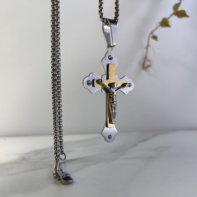Collana con maglie piatte in titanio e acciaio inossidabile, ciondolo a croce con diamanti, vendita calda_voghion.com