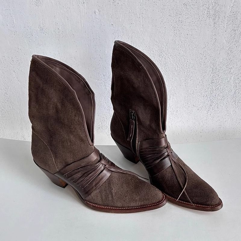 Dune Wasteland Style Medieval V-Neck Short For Women 2024 Autumn Winter New Thick Low Heel Lace-Up Western Boots_voghion.com
