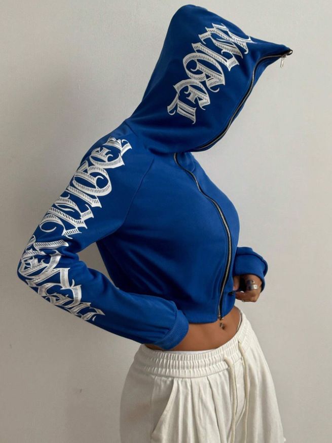 Felpa con cappuccio alla moda con zip, coulisse e stampa - Streetwear attillato e corto da donna (rosso, blu, nero) - Taglie dalla M alla 2XL_voghion.com