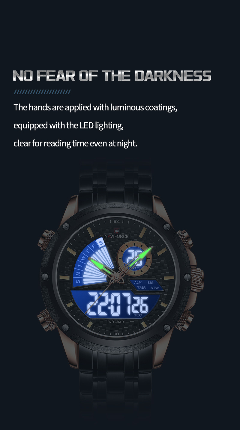 Men Quartz Digital Watch tainless Steel Strap Waterproof Wristwatches Alarm Dual Display Clock_voghion.com