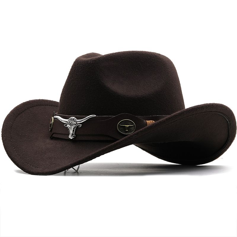 Cappello a cilindro semplice in lana con tesa rovesciata in stile inglese, cintura con testa di mucca, cappello da cowboy occidentale di colore solido_voghion.com