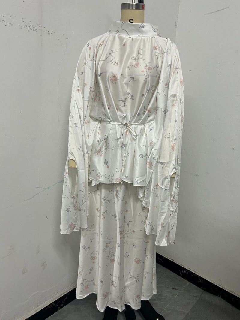 Women's Floral Print Batwing Sleeve Dress Set With Tie Waist – Elegant Long Sleeve Tunic & Maxi Skirt Outfit, Polyester Spandex Blend, Wrinkle-Free_voghion.com