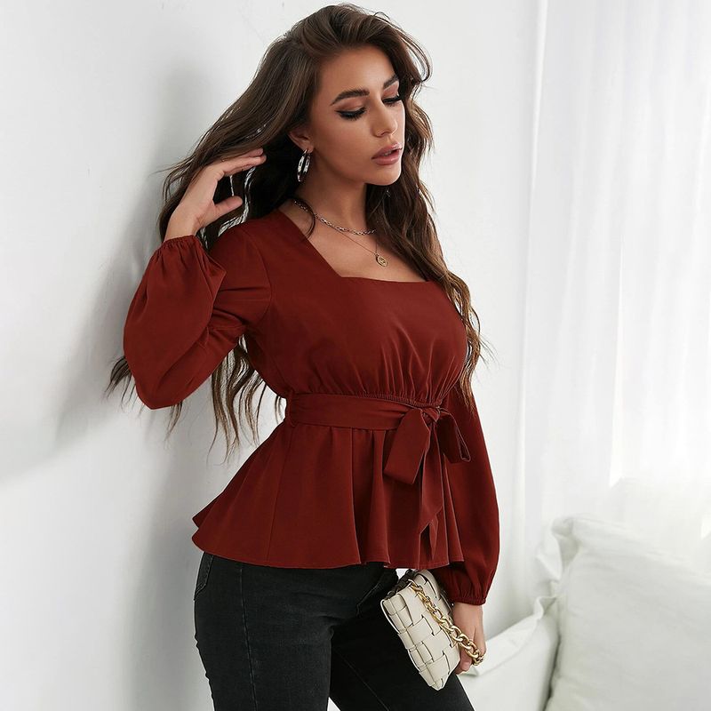 2023 Women's New Square Neck Elastic Waist Ruffle Edge Long Sleeve Women's Shirt Temperament Top_voghion.com