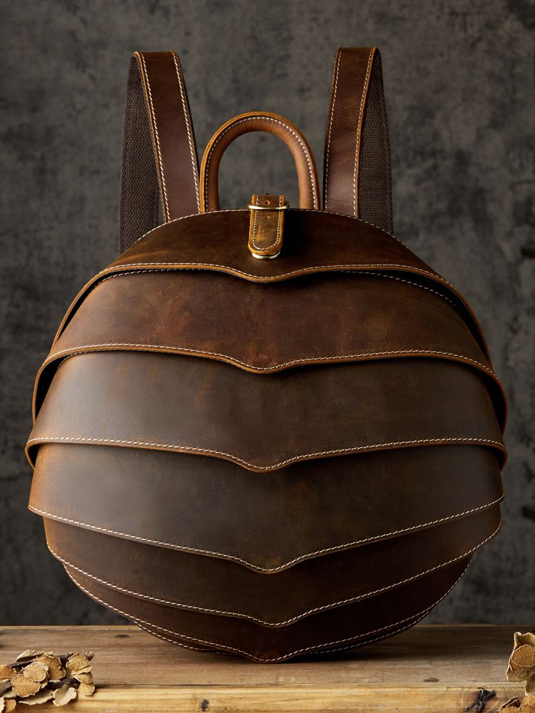Handgemachter Rindsleder Personalisierter Käfer Rucksack für Männer Crazy Horse Leder Trendy Double Shoulder Casual School_voghion.com