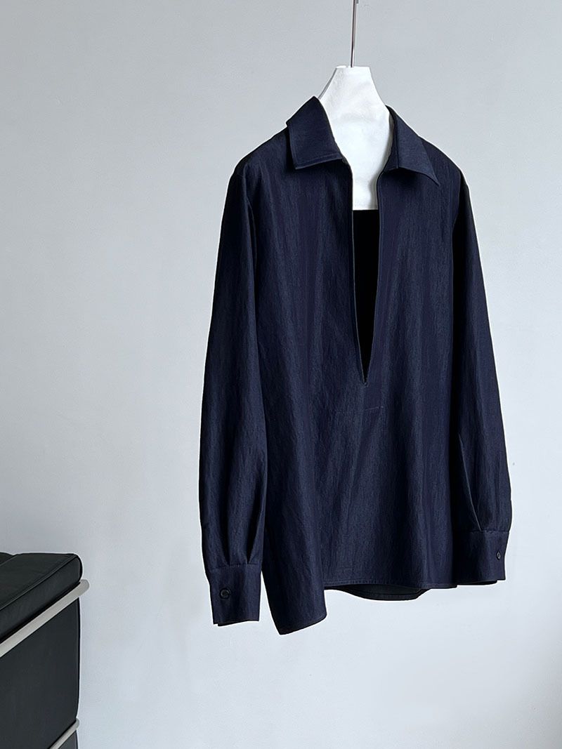 Camicia casual a maniche lunghe con scollo a V da donna - Blusa leggera in stile denim per strati e abbigliamento quotidiano_voghion.com