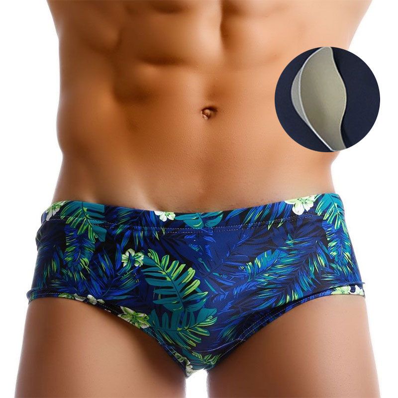 UXH Nordic Men's Green Leaf Fashion Sexy Underwire Enhancing Swim Trunks Summer Trendy Beach Boxer Shorts_voghion.com
