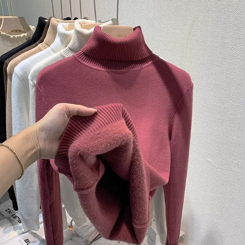 Maglietta da donna a maniche lunghe con collo alto e fodera in pile - Maglia termica morbida per il comfort invernale_voghion.com