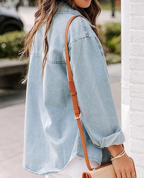 Vintage Wash Denim Shirt For Women – Relaxed Fit Long Sleeve Button-Up With Distressed Details (Dark Blue/Light Blue, S/M/L/XL)_voghion.com