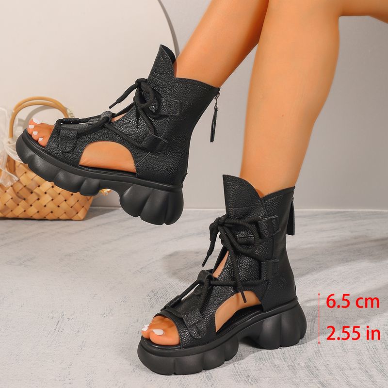 Neue Vintage-Stiefel aus hohlem Leder, Sandalen, modische Schnürung vorne, dicke Sohle, einfarbig, offene Zehenpartie, coole Stiefel_voghion.com
