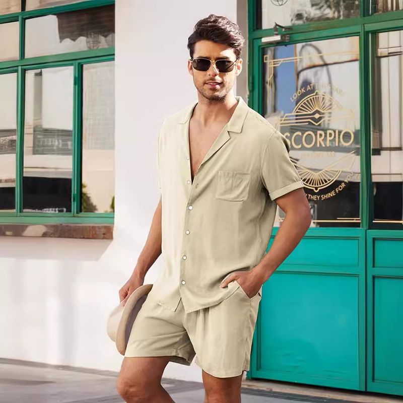 2025 Summer Sports Short Sleeve Shorts Linen Loose Casual Men's Shirt Set_voghion.com