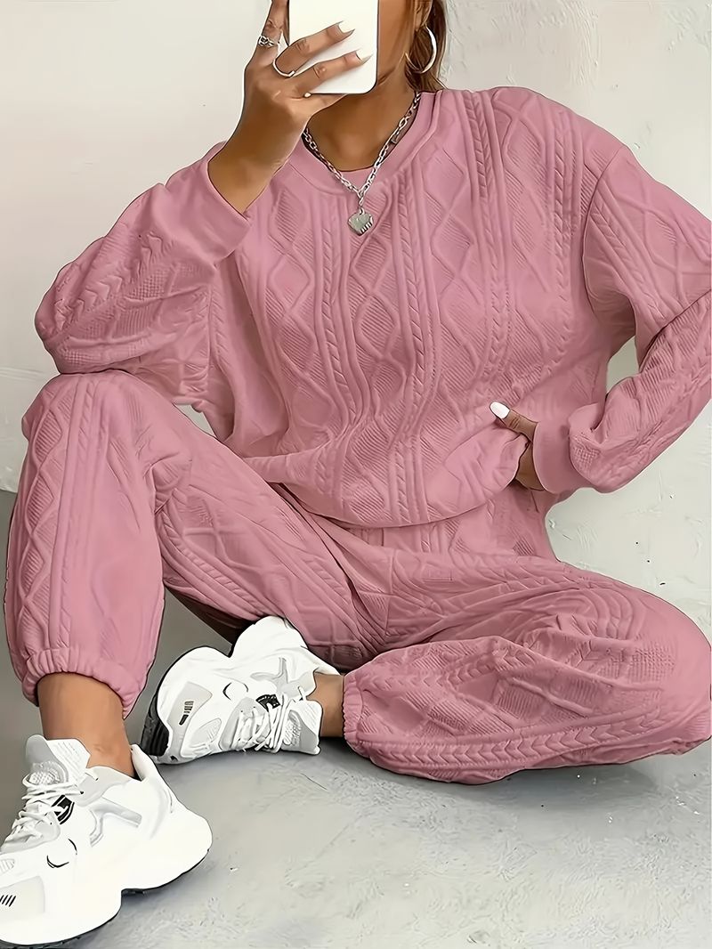 Strukturiert, um ein Gefühl entspannter Entspannung freizusetzen. Pullover-Sets, langärmlige Sportbekleidung mit Rundhalsausschnitt und Jogginghosen_voghion.com