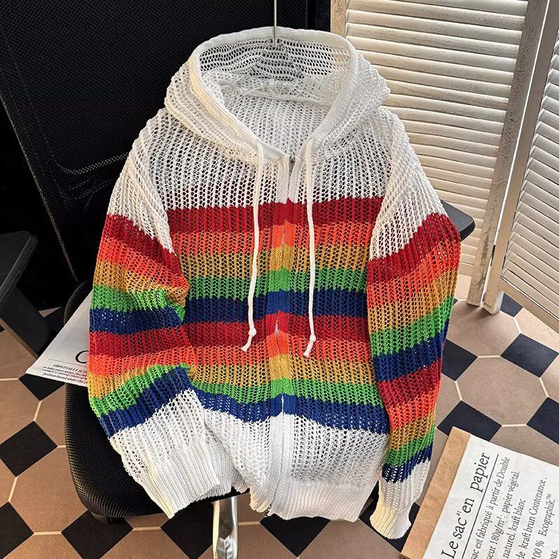 Herrenbekleidung, bunt, Regenbogen-gestreift, Hohlstrickjacke, lockere Kontrastfarbe, Kapuze, langärmeliges T-Shirt_voghion.com