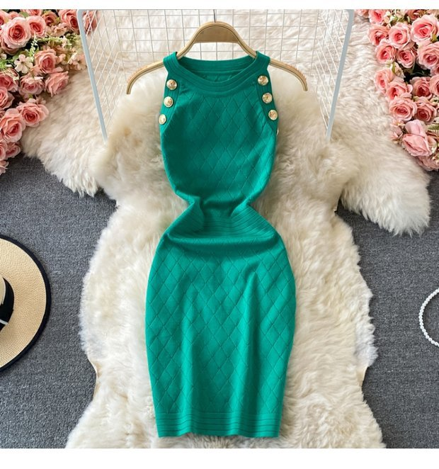 Damen Rundhals Ärmelloses Strick Neckholder Off-Shoulder Kleid Sexy Hüftbetontes Kurzrockkleid_voghion.com