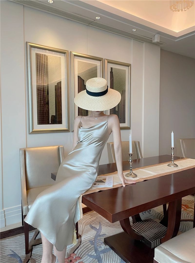 Summer New High-end Acetic Acid Swing Collar Camisole Dress With French Satin Glossy Drape Design_voghion.com