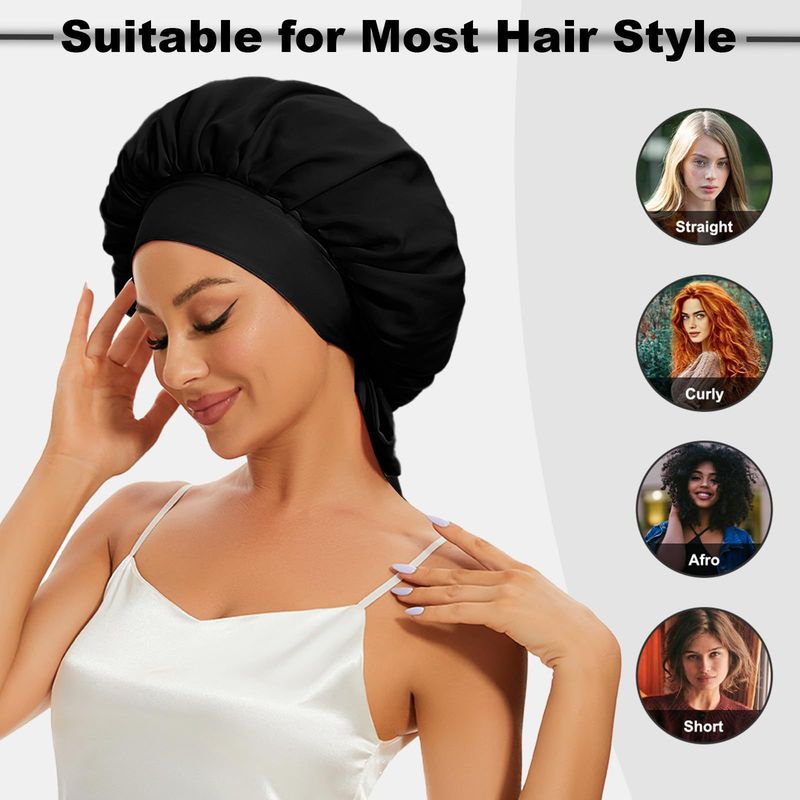 Cura e acconciatura dei capelli Cappello rotondo con fiocco in raso a doppio strato Cappello di seta per la cura dei capelli Cappello a tesa larga Cappello da notte per donna_voghion.com