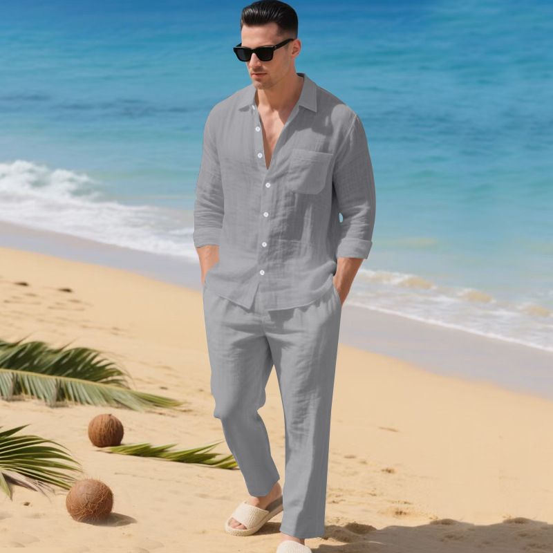 Set di pantaloni da spiaggia con risvolto semplice, camicia a maniche lunghe, tinta unita, stile europeo e americano, da uomo, stile autunnale, ampio e alla moda_voghion.com
