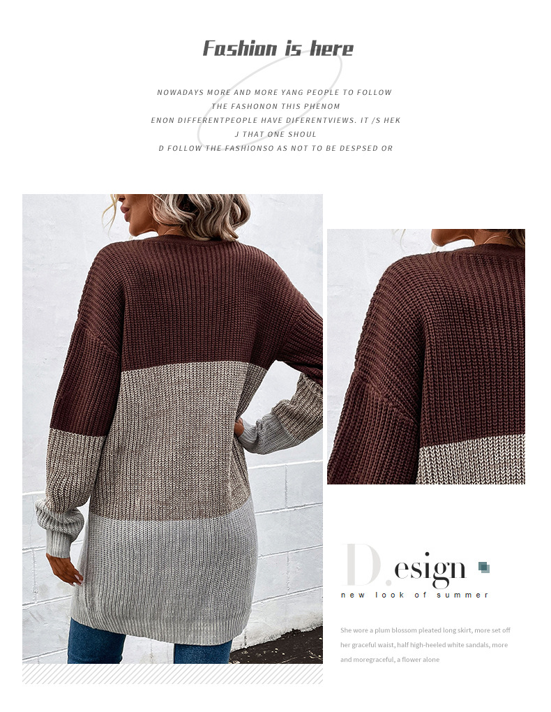 Damenbekleidung Mode Damen Langarm Kontrastfarbe Lange Pullover Strickjacke Für Frauen_voghion.com
