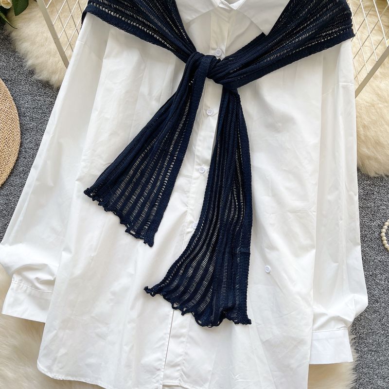 Oversized Shirt & Knit Shawl Two-Piece Set - Loose Fit Long Sleeve Blouse With Layered Chic_voghion.com