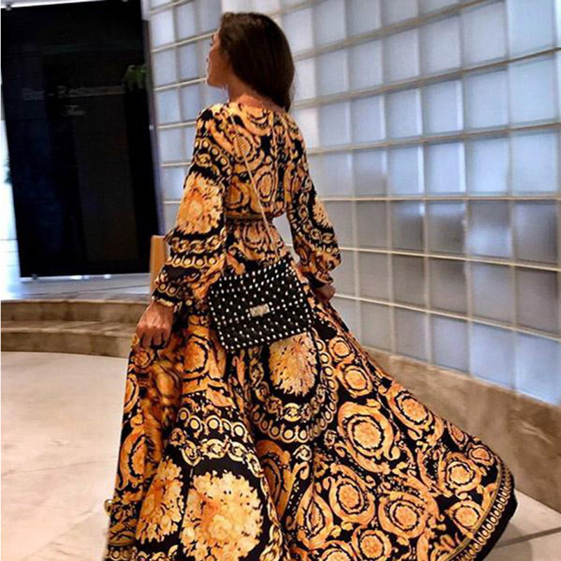 Langes Kleid für Damen, Retro-Bohemian-Langarm-Big-Swing-Schnürkleid_voghion.com