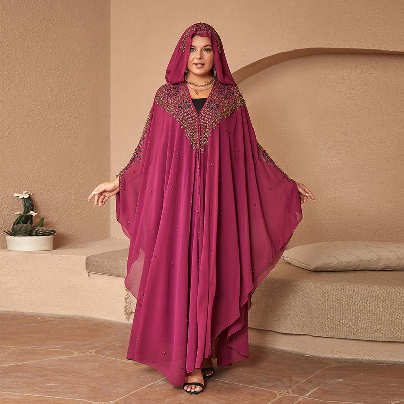 Women's rhinestones beaded lengthened HD Muslim shawl hooded cloak._voghion.com