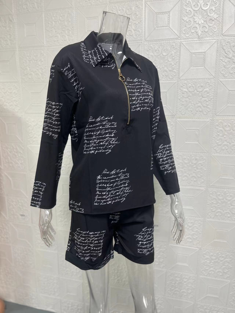 Completo da donna alla moda, pantaloncini con cerniera stampata a maniche lunghe, set da due pezzi_voghion.com