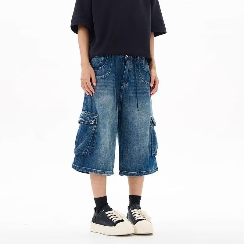 Summer New American Style Loose Fit Three-Dimensional Pocket Capri Pants Unisex Cargo Denim Shorts Versatile Slimming_voghion.com