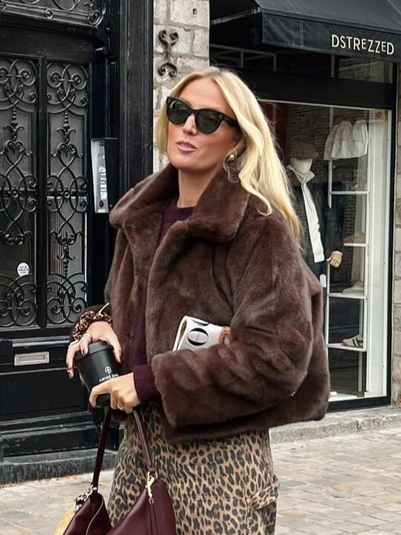 Damenbekleidung Kunstpelzmantel Damenmode Kurzjacke - Weicher Nerzähnlicher Plüsch, Elegantes Revers, Streetwear Chic (XS/S/M/L, Kaffeebraun)_voghion.com