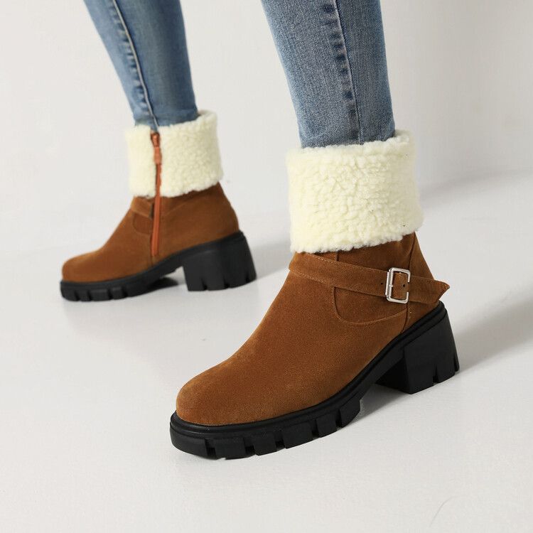 Women's winter round toe high heel boots with belt buckle large size short boots_voghion.com