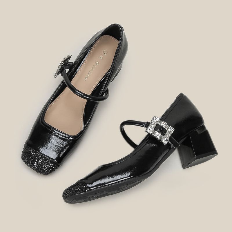 Water Diamond Silver Damen Sommer High-End-Feeling High Heels Square Toe Chunky Heel Mary Jane Einzelschuhe Alltagskleidung_voghion.com