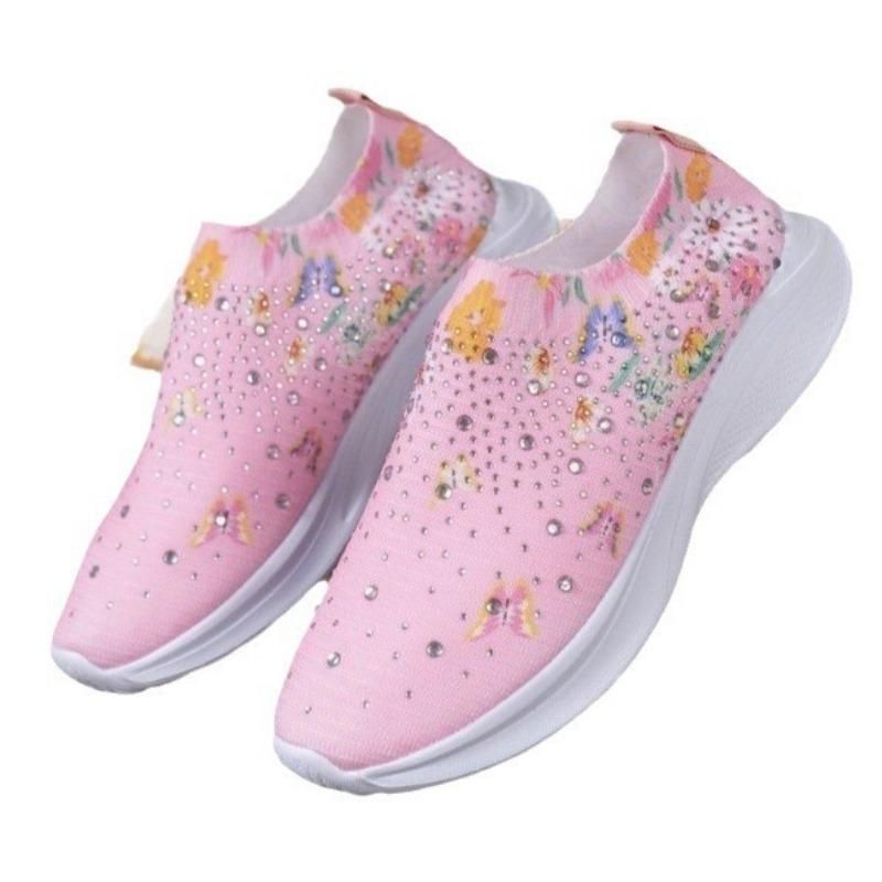 Sneakers slip-on da donna CMY con decorazioni in strass e stampa floreale e a farfalla - Scarpe da corsa traspiranti in maglia_voghion.com