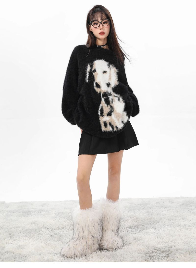 Suéter de terciopelo de visón con lunares negros para mujer, suave y holgado, de mohair, de longitud media, para otoño e invierno._voghion.com