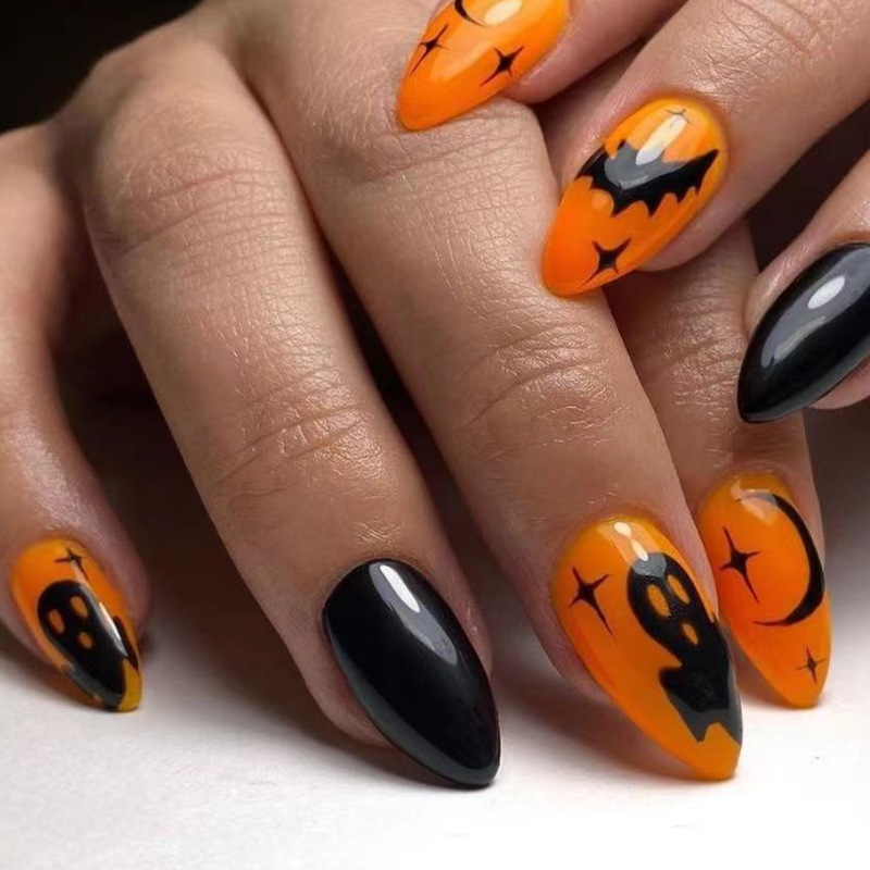 Mandorla Halloween 24 pezzi Unghie finte French Glitter Unghie finte con teschi Serpenti Scorpioni Disegni Copertura completa Pr_voghion.com