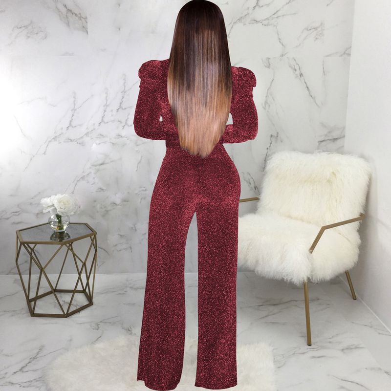 Mono elástico con cuello en V y purpurina para mujer: mono sexy y elegante de pierna ancha con hilos metálicos, cómodo tejido de mezcla de poliéster y algodón._voghion.com